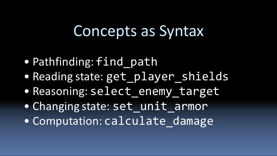 Concepts as Syntax Pathfinding: find_path Reading state: get_player_shields Reasoning: select_enemy_target Changing state: set_unit_armor Computation: calculate_damage