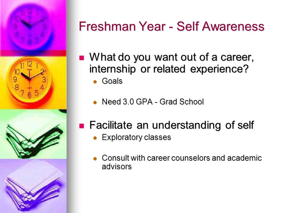 Freshman Year - Self Awareness What do you want out of a career, internship or related experience.