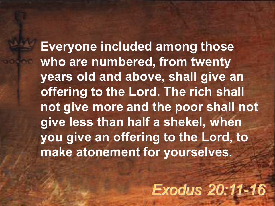 Everyone included among those who are numbered, from twenty years old and above, shall give an offering to the Lord.
