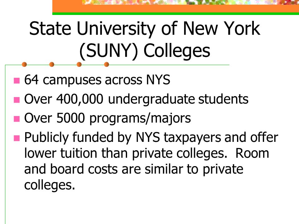 State University of New York (SUNY) Colleges 64 campuses across NYS Over 400,000 undergraduate students Over 5000 programs/majors Publicly funded by NYS taxpayers and offer lower tuition than private colleges.