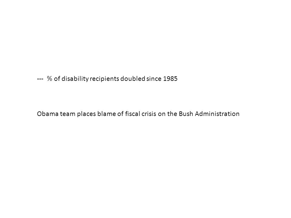 --- % of disability recipients doubled since 1985 Obama team places blame of fiscal crisis on the Bush Administration