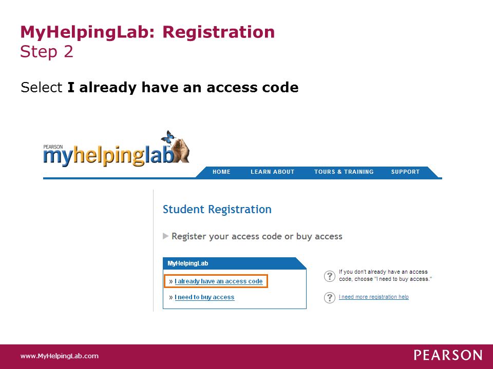 MyHelpingLab: Registration Step 2 Select I already have an access code