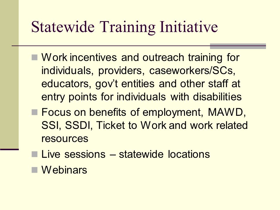 Statewide Training Initiative Work incentives and outreach training for individuals, providers, caseworkers/SCs, educators, gov’t entities and other staff at entry points for individuals with disabilities Focus on benefits of employment, MAWD, SSI, SSDI, Ticket to Work and work related resources Live sessions – statewide locations Webinars