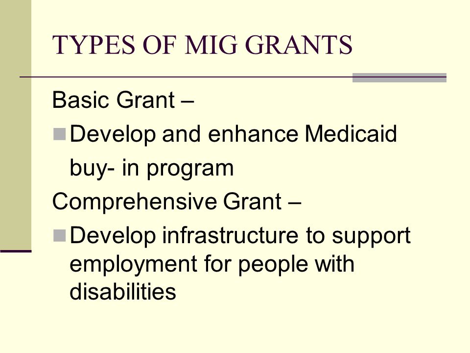 TYPES OF MIG GRANTS Basic Grant – Develop and enhance Medicaid buy- in program Comprehensive Grant – Develop infrastructure to support employment for people with disabilities