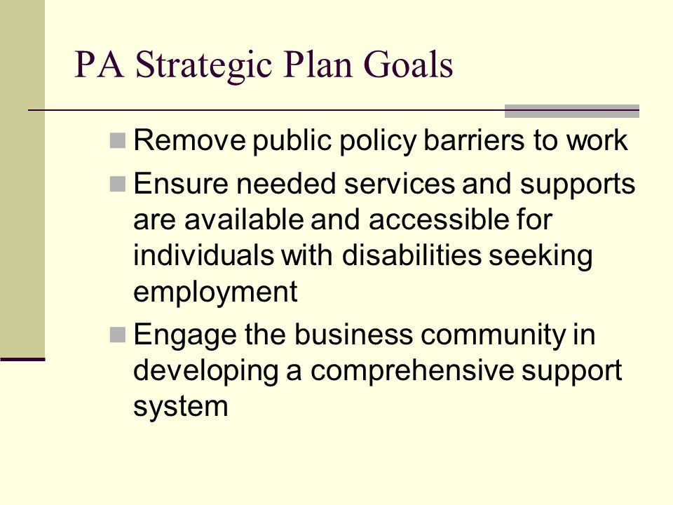 PA Strategic Plan Goals Remove public policy barriers to work Ensure needed services and supports are available and accessible for individuals with disabilities seeking employment Engage the business community in developing a comprehensive support system