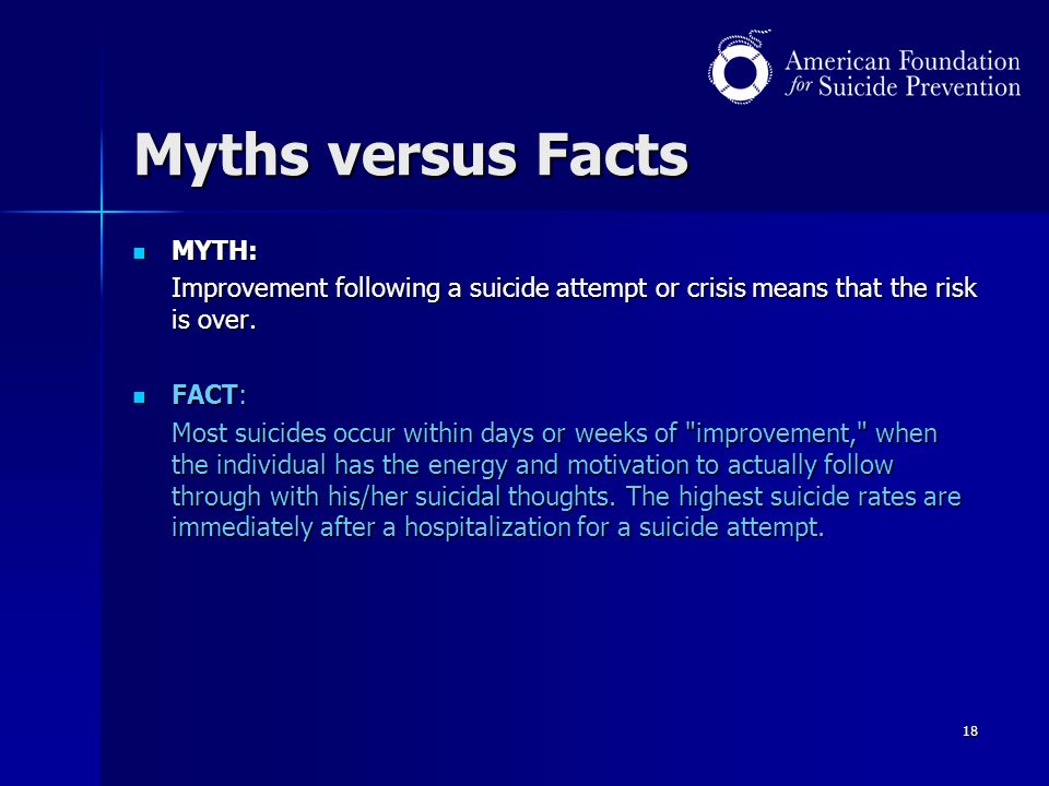18 Myths versus Facts MYTH: MYTH: Improvement following a suicide attempt or crisis means that the risk is over.