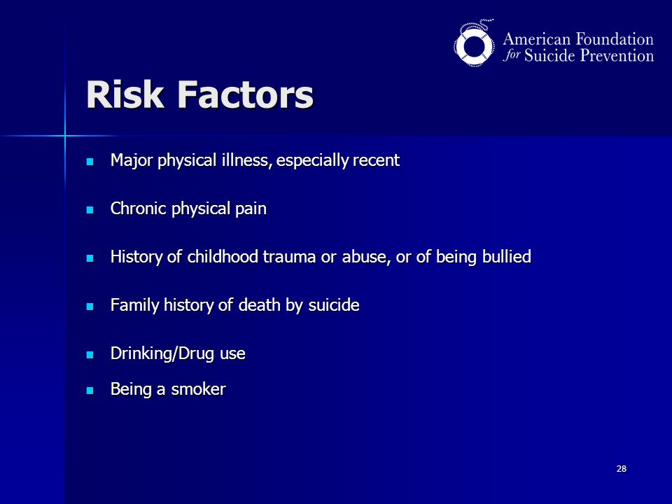 28 Risk Factors Major physical illness, especially recent Major physical illness, especially recent Chronic physical pain Chronic physical pain History of childhood trauma or abuse, or of being bullied History of childhood trauma or abuse, or of being bullied Family history of death by suicide Family history of death by suicide Drinking/Drug use Drinking/Drug use Being a smoker Being a smoker