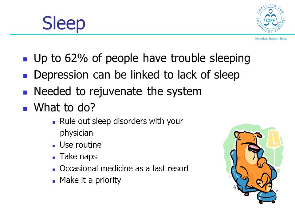 Sleep Up to 62% of people have trouble sleeping Depression can be linked to lack of sleep Needed to rejuvenate the system What to do.