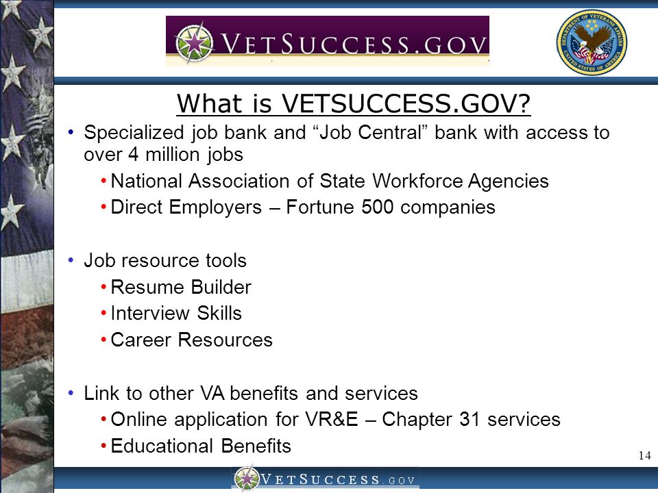 14 VetSuccess.gov What is VETSUCCESS.GOV.