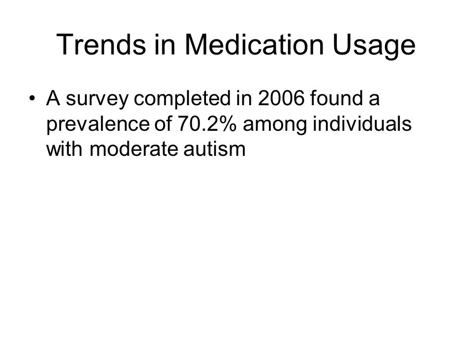 Trends in Medication Usage A survey completed in 2006 found a prevalence of 70.2% among individuals with moderate autism