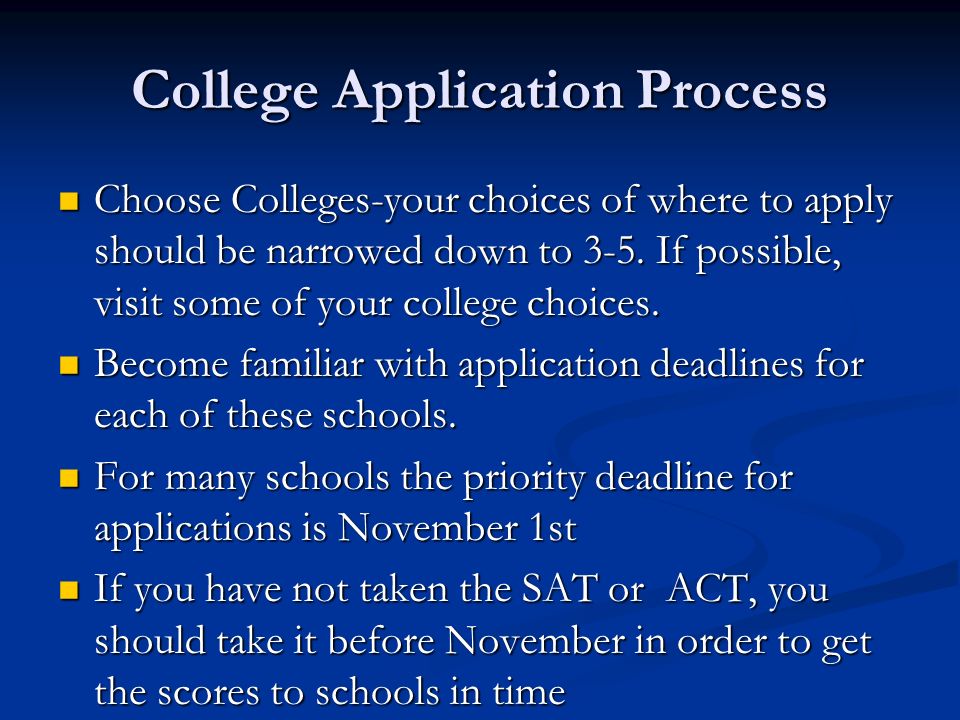College Application Process Choose Colleges-your choices of where to apply should be narrowed down to 3-5.