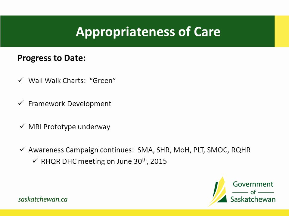 Appropriateness of Care Progress to Date: Wall Walk Charts: Green Framework Development MRI Prototype underway Awareness Campaign continues: SMA, SHR, MoH, PLT, SMOC, RQHR RHQR DHC meeting on June 30 th, 2015