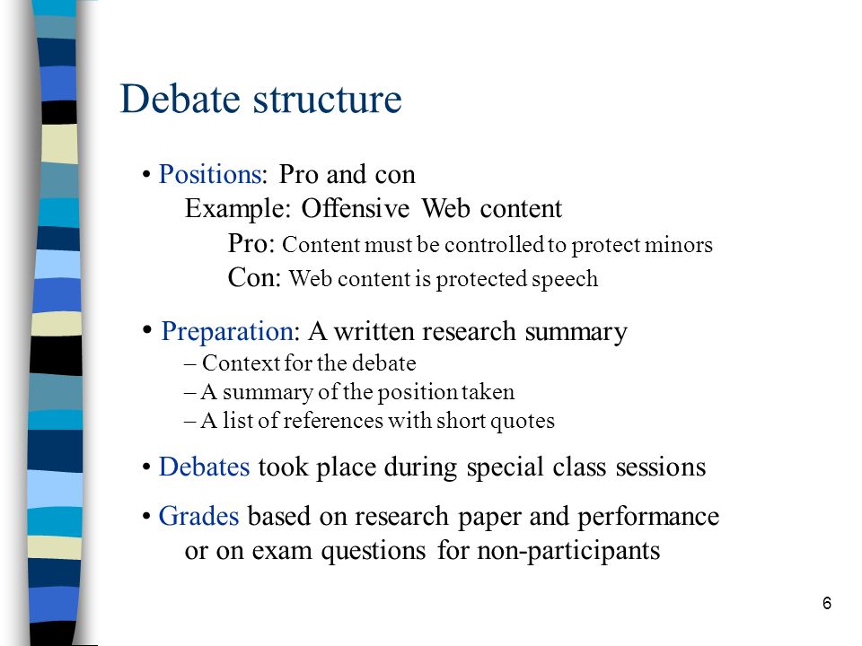 6 Debate structure Positions: Pro and con Example: Offensive Web content Pro: Content must be controlled to protect minors Con: Web content is protected speech Preparation: A written research summary – Context for the debate – A summary of the position taken – A list of references with short quotes Debates took place during special class sessions Grades based on research paper and performance or on exam questions for non-participants