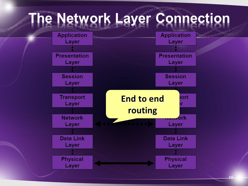 19 Network Layer Data Link Layer Physical Layer Application Layer Presentation Layer Session Layer Transport Layer Network Layer Data Link Layer Physical Layer Application Layer Presentation Layer Session Layer Transport Layer End to end routing