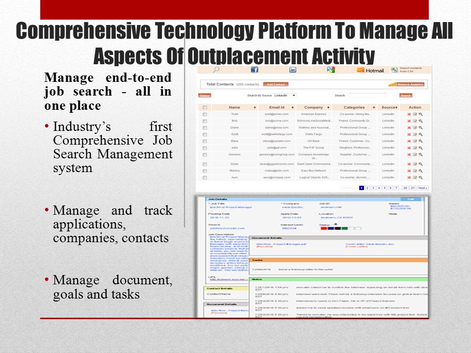 Comprehensive Technology Platform To Manage All Aspects Of Outplacement Activity Manage end-to-end job search - all in one place Industry’s first Comprehensive Job Search Management system Manage and track applications, companies, contacts Manage document, goals and tasks