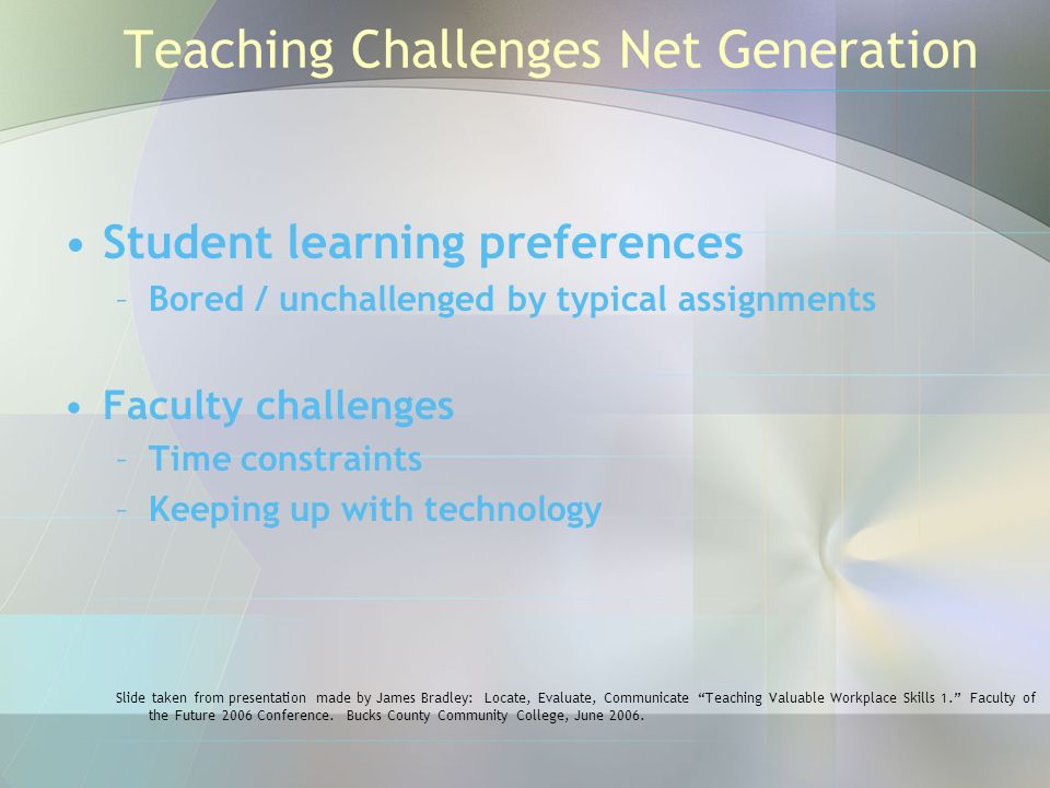 Teaching Challenges Net Generation Student learning preferences –Bored / unchallenged by typical assignments Faculty challenges –Time constraints –Keeping up with technology Slide taken from presentation made by James Bradley: Locate, Evaluate, Communicate Teaching Valuable Workplace Skills 1. Faculty of the Future 2006 Conference.