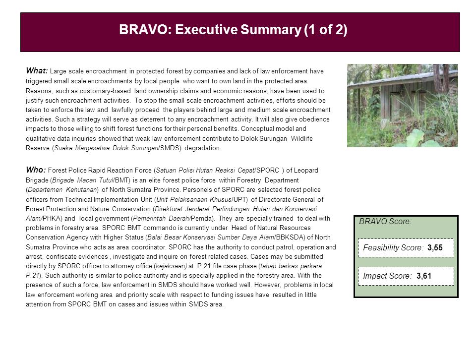 BRAVO Score: BRAVO: Executive Summary (1 of 2) What: Large scale encroachment in protected forest by companies and lack of law enforcement have triggered small scale encroachments by local people who want to own land in the protected area.