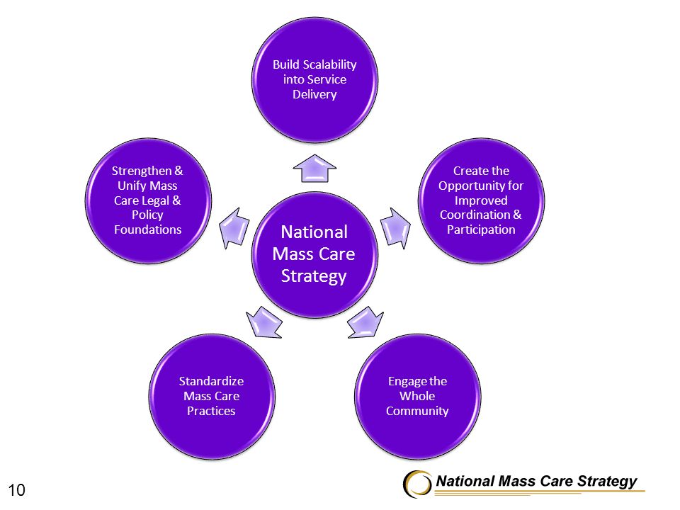 10 National Mass Care Strategy Build Scalability into Service Delivery Create the Opportunity for Improved Coordination & Participation Engage the Whole Community Standardize Mass Care Practices Strengthen & Unify Mass Care Legal & Policy Foundations