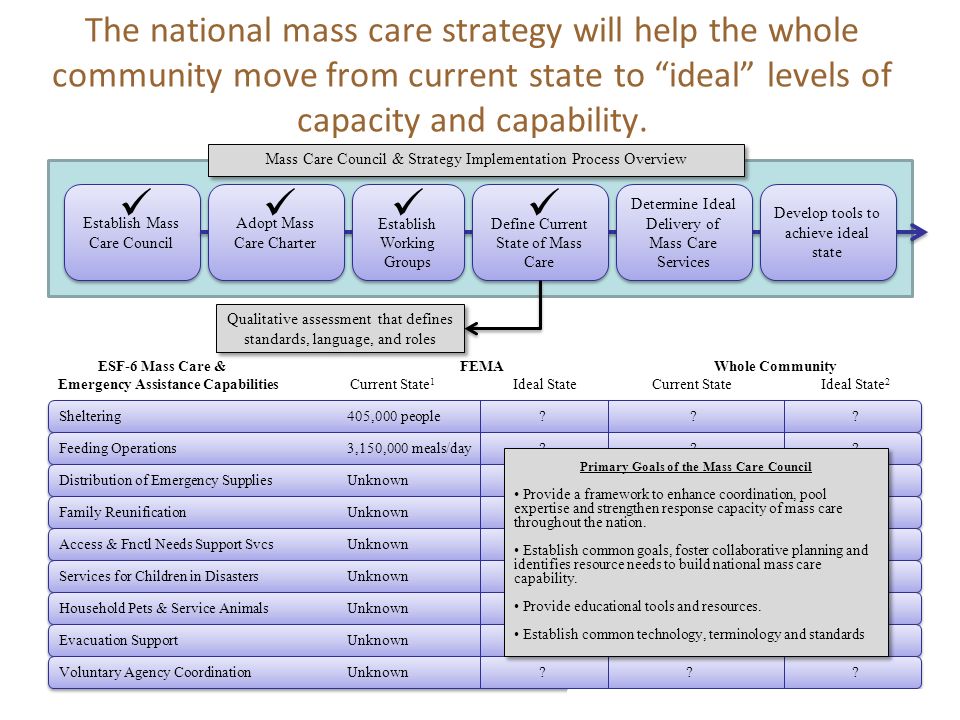 The national mass care strategy will help the whole community move from current state to ideal levels of capacity and capability.