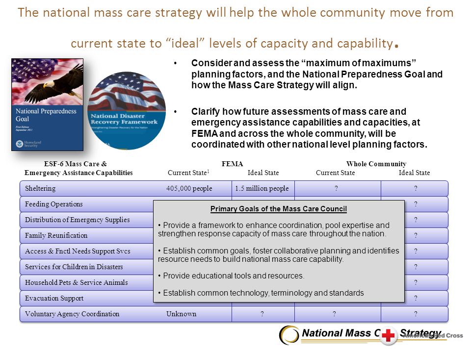 The national mass care strategy will help the whole community move from current state to ideal levels of capacity and capability.