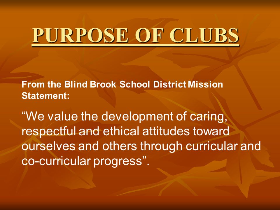PURPOSE OF CLUBS From the Blind Brook School District Mission Statement: We value the development of caring, respectful and ethical attitudes toward ourselves and others through curricular and co-curricular progress .