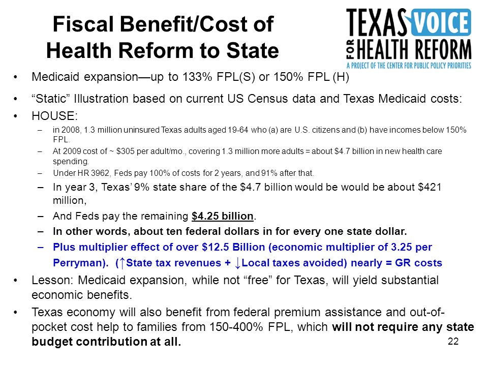 22 Medicaid expansion—up to 133% FPL(S) or 150% FPL (H) Static Illustration based on current US Census data and Texas Medicaid costs: HOUSE: –in 2008, 1.3 million uninsured Texas adults aged who (a) are U.S.