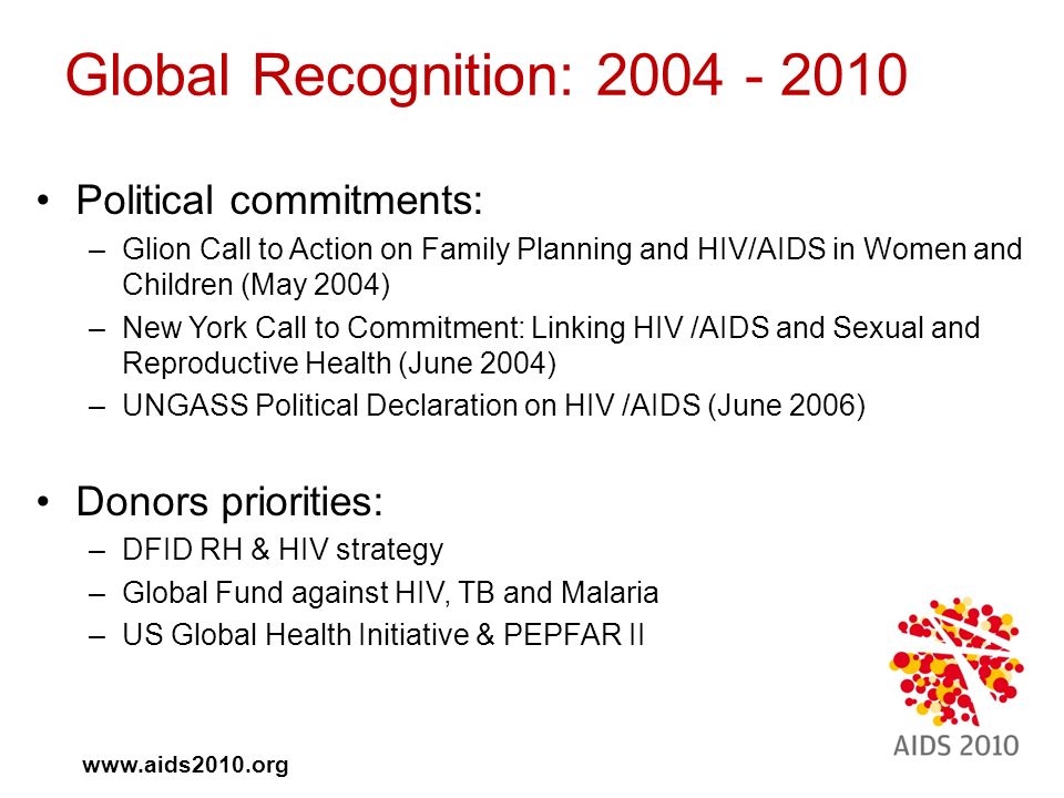 Global Recognition: Political commitments: –Glion Call to Action on Family Planning and HIV/AIDS in Women and Children (May 2004) –New York Call to Commitment: Linking HIV /AIDS and Sexual and Reproductive Health (June 2004) –UNGASS Political Declaration on HIV /AIDS (June 2006) Donors priorities: –DFID RH & HIV strategy –Global Fund against HIV, TB and Malaria –US Global Health Initiative & PEPFAR II