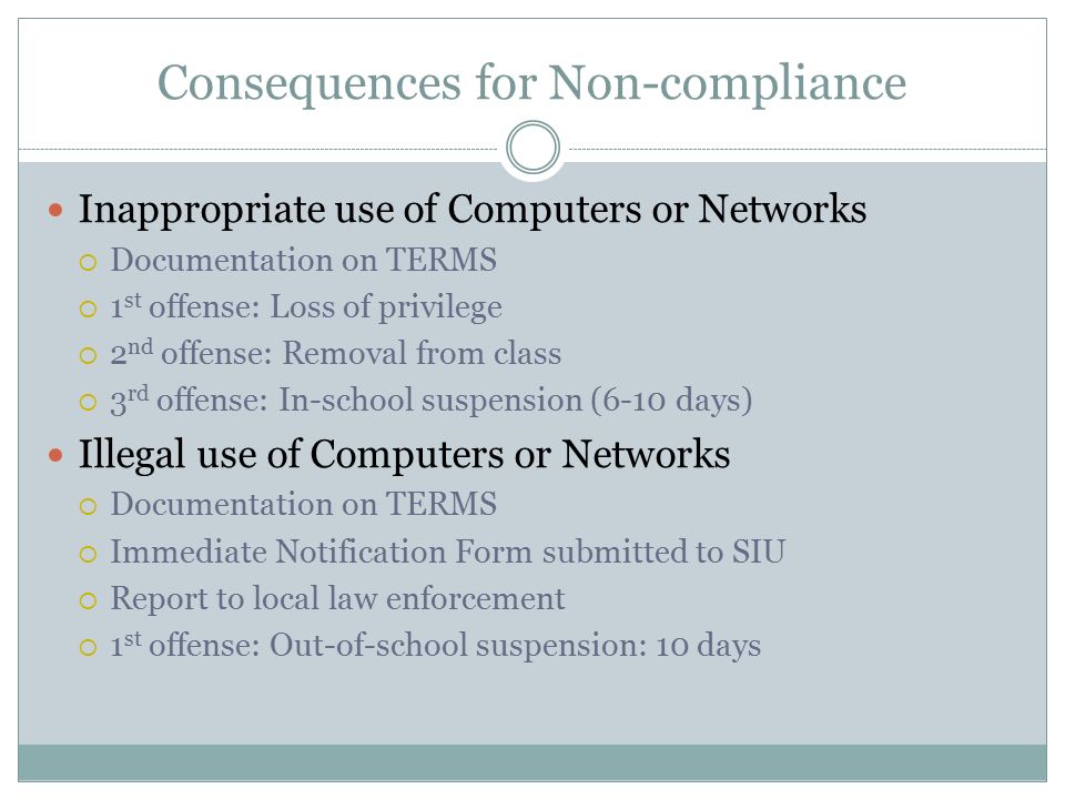 Consequences for Non-compliance Inappropriate use of Computers or Networks  Documentation on TERMS  1 st offense: Loss of privilege  2 nd offense: Removal from class  3 rd offense: In-school suspension (6-10 days) Illegal use of Computers or Networks  Documentation on TERMS  Immediate Notification Form submitted to SIU  Report to local law enforcement  1 st offense: Out-of-school suspension: 10 days