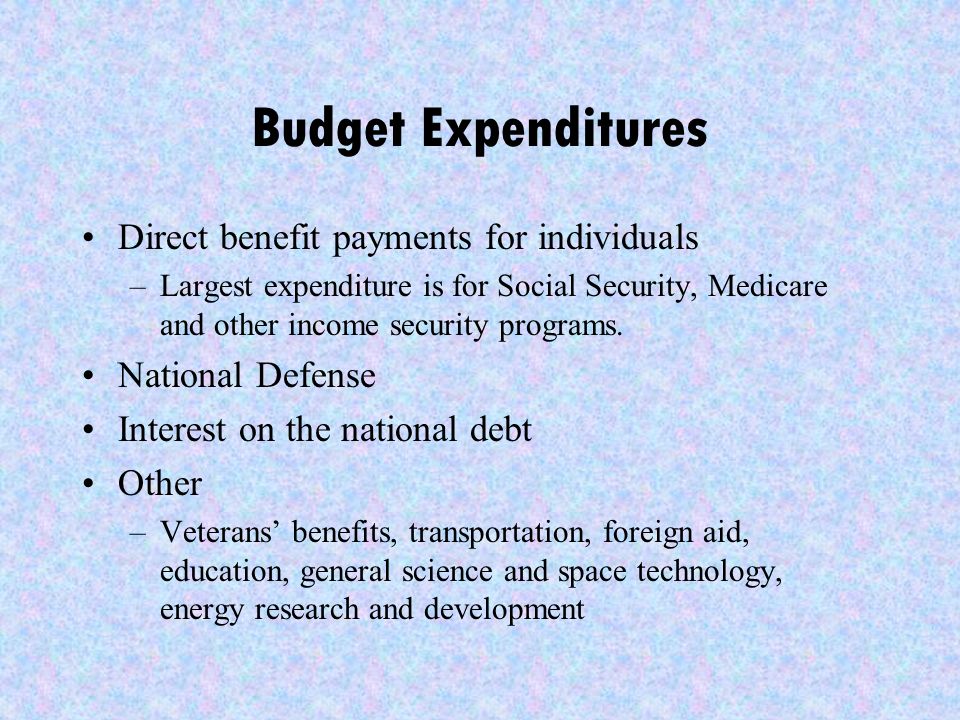 Budget Expenditures Direct benefit payments for individuals –Largest expenditure is for Social Security, Medicare and other income security programs.