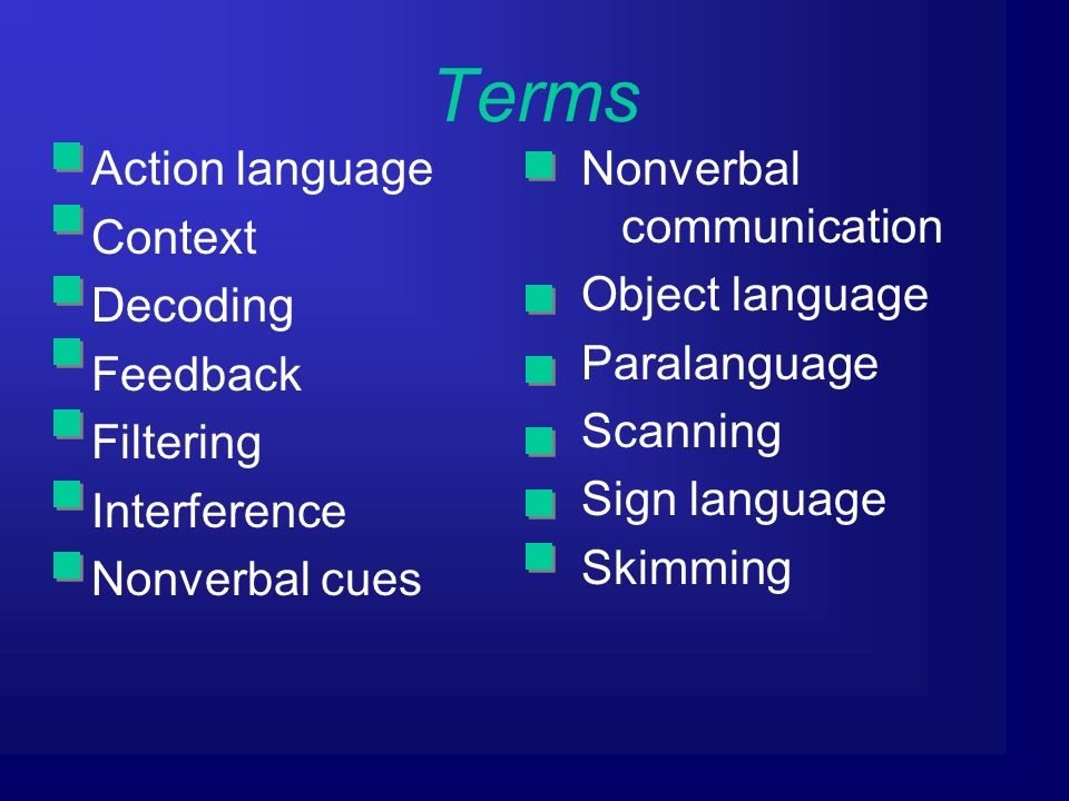 Terms Action language Context Decoding Feedback Filtering Interference Nonverbal cues Nonverbal communication Object language Paralanguage Scanning Sign language Skimming