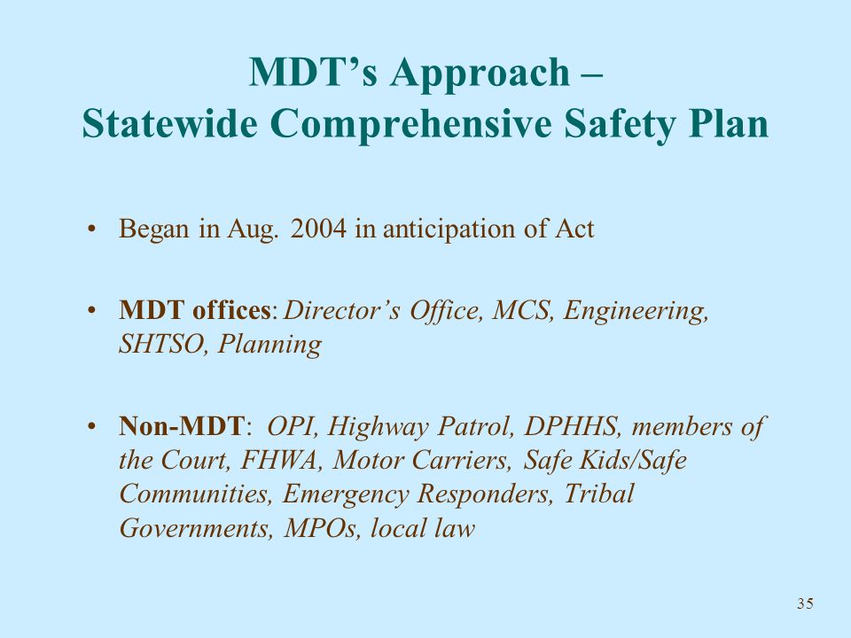 35 MDT’s Approach – Statewide Comprehensive Safety Plan Began in Aug.