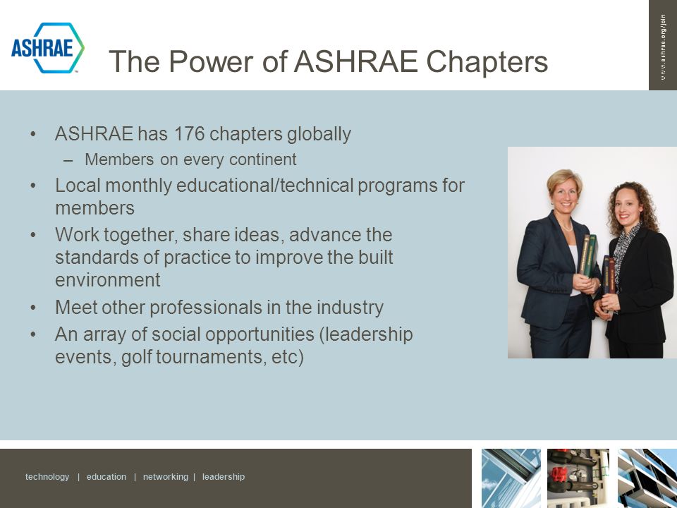 technology | education | networking | leadership ASHRAE has 176 chapters globally –Members on every continent Local monthly educational/technical programs for members Work together, share ideas, advance the standards of practice to improve the built environment Meet other professionals in the industry An array of social opportunities (leadership events, golf tournaments, etc) The Power of ASHRAE Chapters