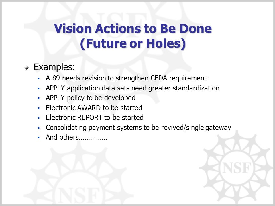 Vision Actions to Be Done (Future or Holes) Examples:  A-89 needs revision to strengthen CFDA requirement  APPLY application data sets need greater standardization  APPLY policy to be developed  Electronic AWARD to be started  Electronic REPORT to be started  Consolidating payment systems to be revived/single gateway  And others……………