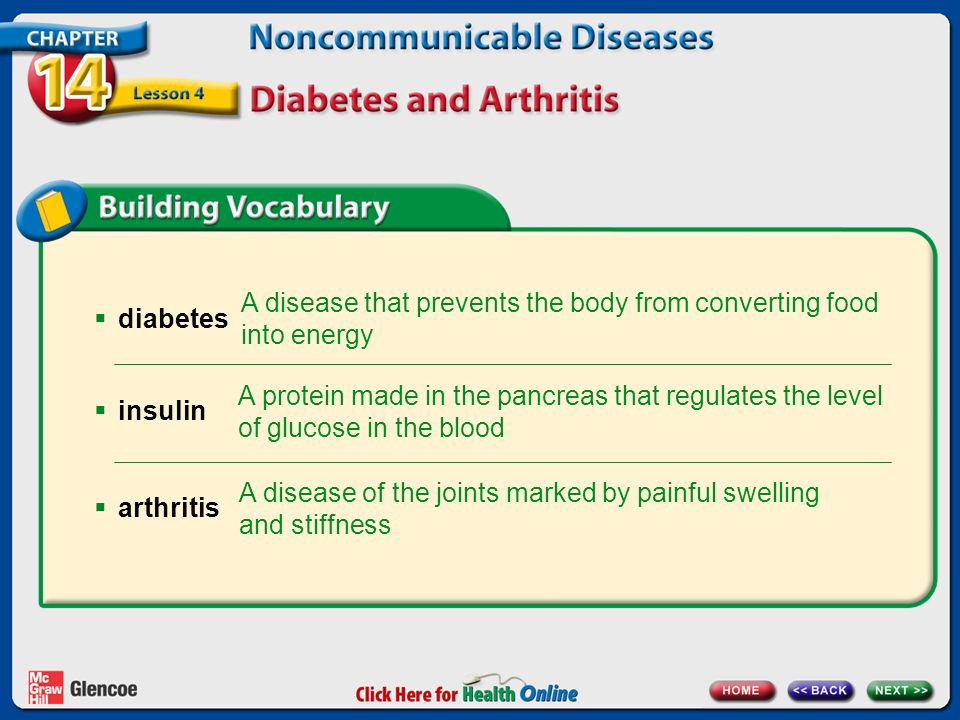 A disease that prevents the body from converting food into energy  diabetes A protein made in the pancreas that regulates the level of glucose in the blood  insulin A disease of the joints marked by painful swelling and stiffness  arthritis