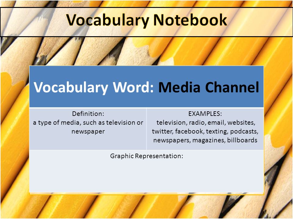 Vocabulary Word: Media Definition: the various means of mass communication  Examples: radio, TV, newspapers, magazines internet Graphic Representation:  - ppt download