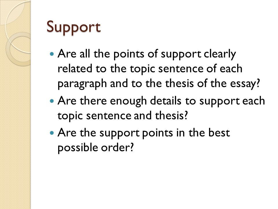 Support Are all the points of support clearly related to the topic sentence of each paragraph and to the thesis of the essay.