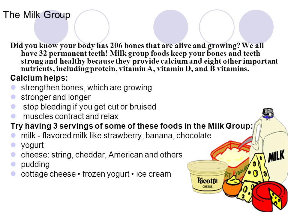 The Milk Group Did you know your body has 206 bones that are alive and growing.