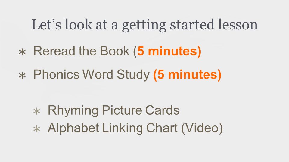 Let’s look at a getting started lesson ✱ Reread the Book (5 minutes) ✱ Phonics Word Study (5 minutes) ✱ Rhyming Picture Cards ✱ Alphabet Linking Chart (Video)
