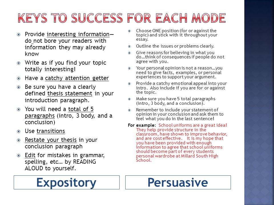 ExpositoryPersuasive  Provide interesting information— do not bore your readers with information they may already know  Write as if you find your topic totally interesting.