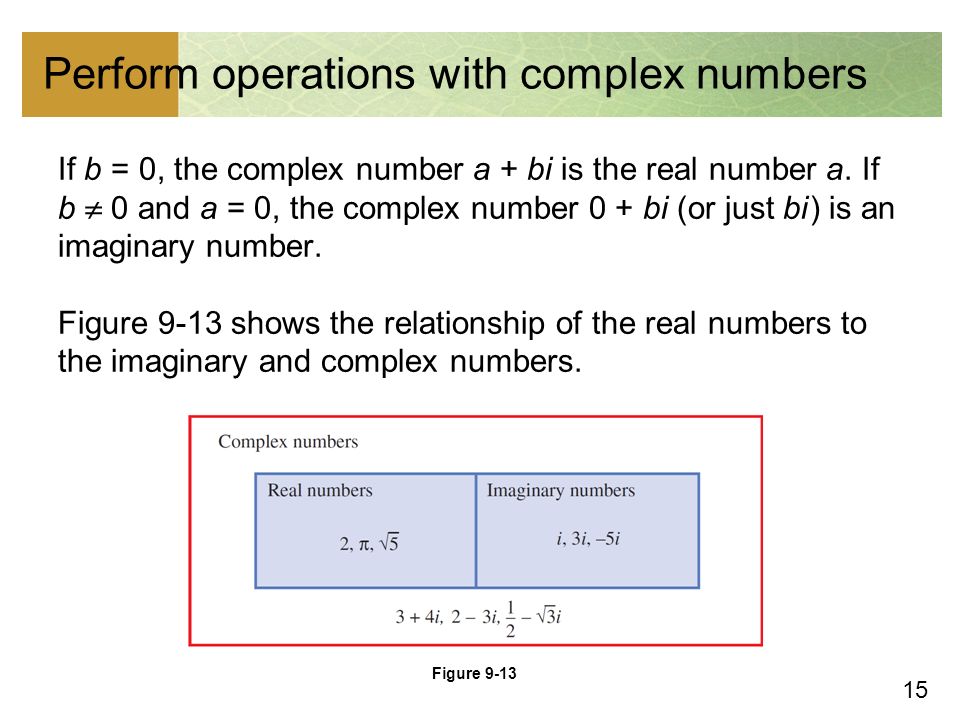 15 Perform operations with complex numbers If b = 0, the complex number a + bi is the real number a.