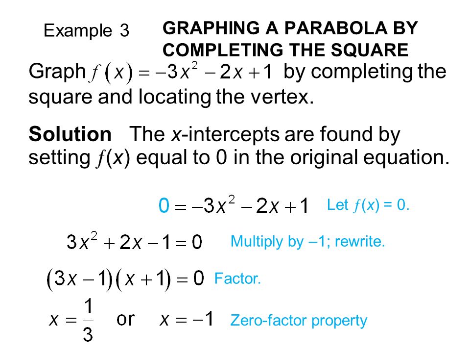 Example 3 GRAPHING A PARABOLA BY COMPLETING THE SQUARE Solution The x-intercepts are found by setting  (x) equal to 0 in the original equation.