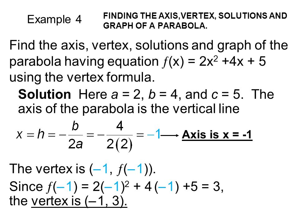 Example 4 FINDING THE AXIS,VERTEX, SOLUTIONS AND GRAPH OF A PARABOLA.