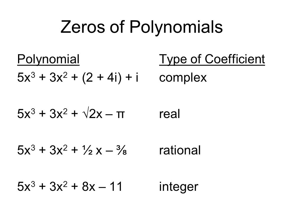 Zeros of Polynomials PolynomialType of Coefficient 5x 3 + 3x 2 + (2 + 4i) + icomplex 5x 3 + 3x 2 + √2x – πreal 5x 3 + 3x 2 + ½ x – ⅜rational 5x 3 + 3x 2 + 8x – 11integer