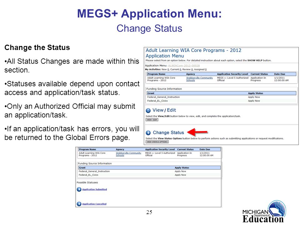 25 MEGS+ Application Menu: Change Status Change the Status All Status Changes are made within this section.