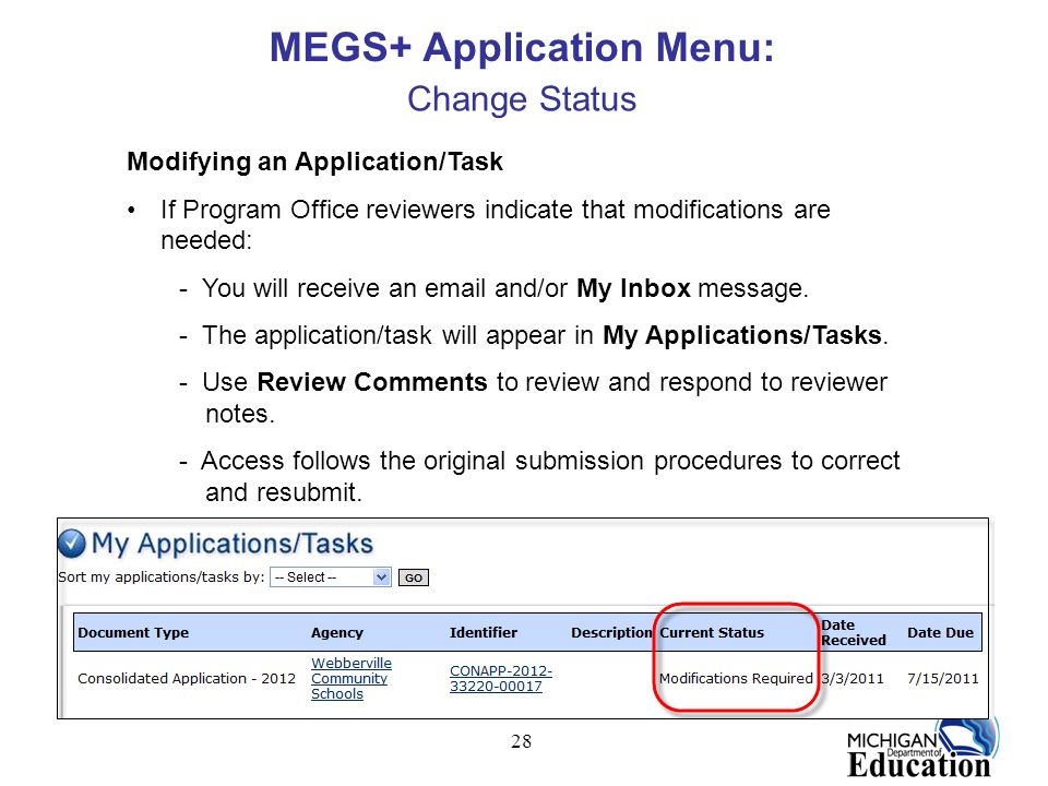 28 MEGS+ Application Menu: Change Status Modifying an Application/Task If Program Office reviewers indicate that modifications are needed: - You will receive an  and/or My Inbox message.