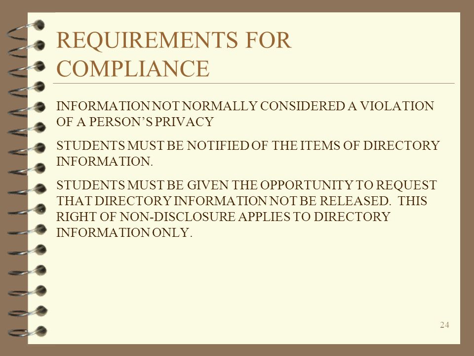 REQUIREMENTS FOR COMPLIANCE 24 INFORMATION NOT NORMALLY CONSIDERED A VIOLATION OF A PERSON’S PRIVACY STUDENTS MUST BE NOTIFIED OF THE ITEMS OF DIRECTORY INFORMATION.