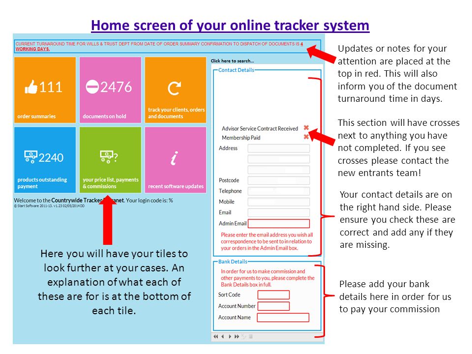Home screen of your online tracker system Updates or notes for your attention are placed at the top in red.