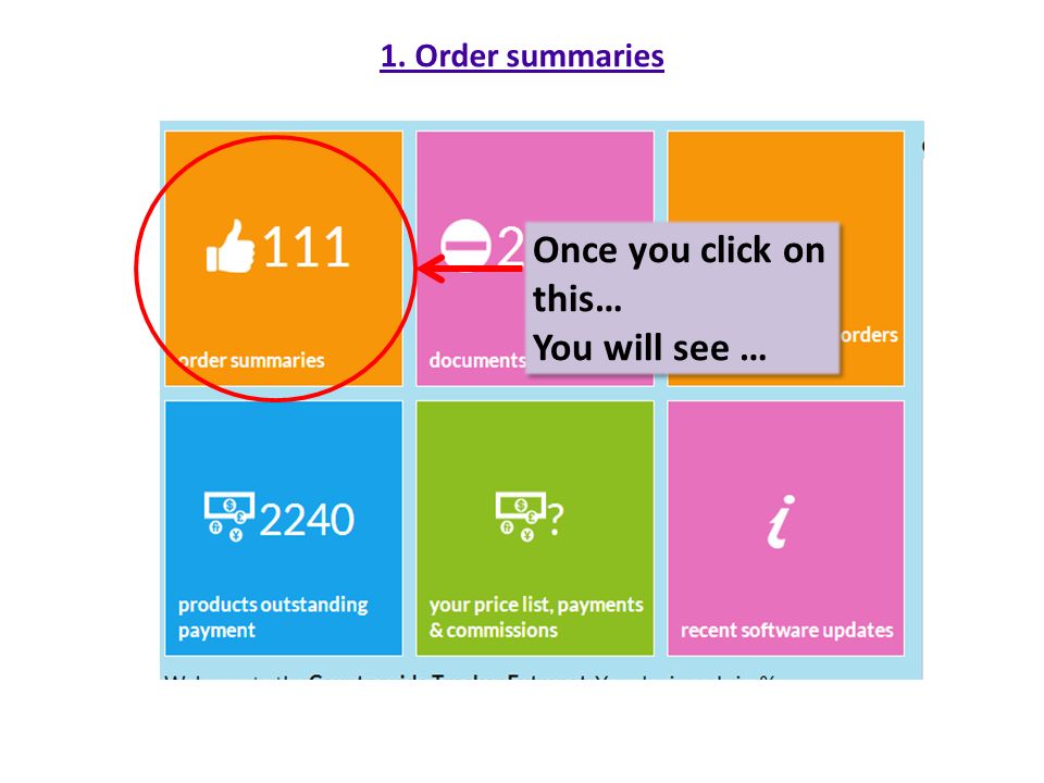 1. Order summaries Once you click on this… You will see … Once you click on this… You will see …