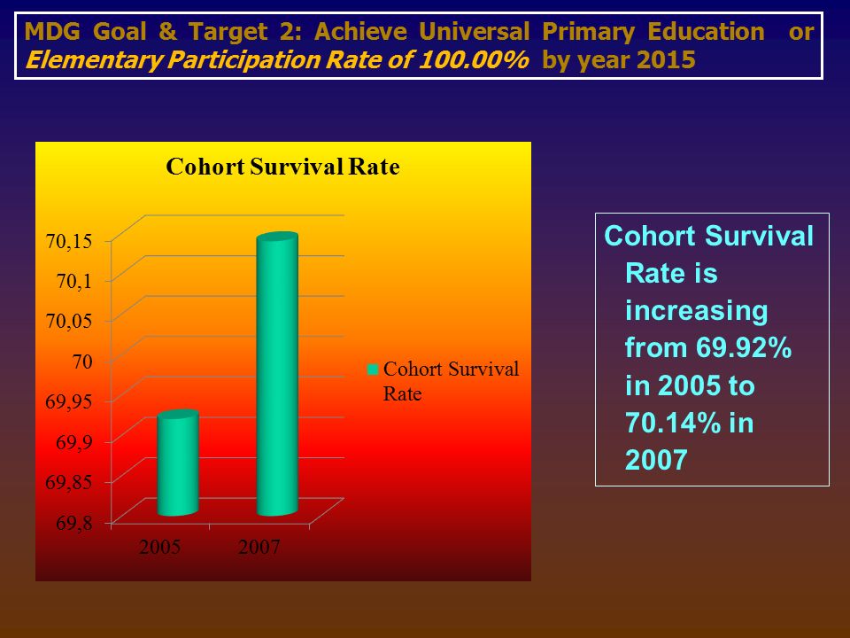 Cohort Survival Rate is increasing from 69.92% in 2005 to 70.14% in 2007 MDG Goal & Target 2: Achieve Universal Primary Education or Elementary Participation Rate of % by year 2015