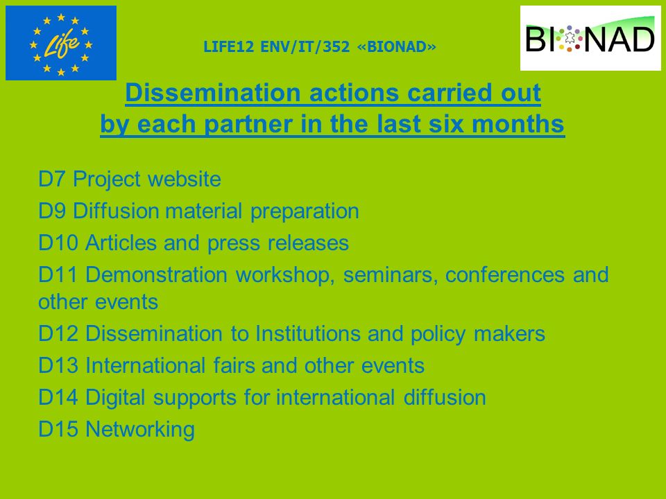 Dissemination actions carried out by each partner in the last six months D7 Project website D9 Diffusion material preparation D10 Articles and press releases D11 Demonstration workshop, seminars, conferences and other events D12 Dissemination to Institutions and policy makers D13 International fairs and other events D14 Digital supports for international diffusion D15 Networking LIFE12 ENV/IT/352 «BIONAD»